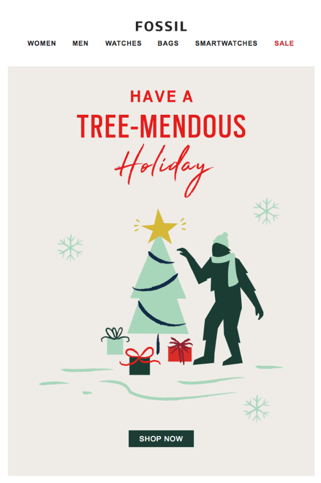 A holiday-themed email featuring a decorated Christmas tree and gifts, promoting festive shopping with playful Christmas messages.