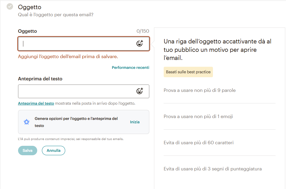 oggetto mail mailchimp