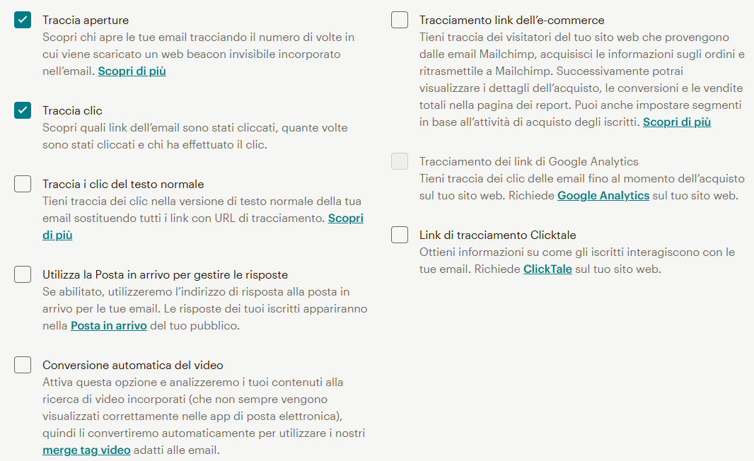 impostazione email analytics di mailchimp