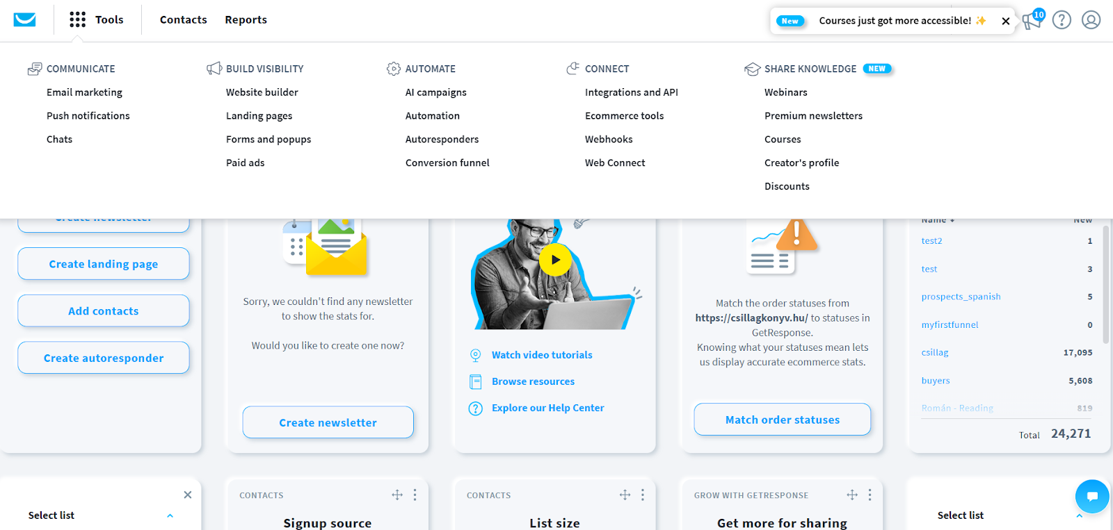 GetResponse dashboard interface showing modern design with Quick Actions widget and intuitive navigation for email marketing campaigns