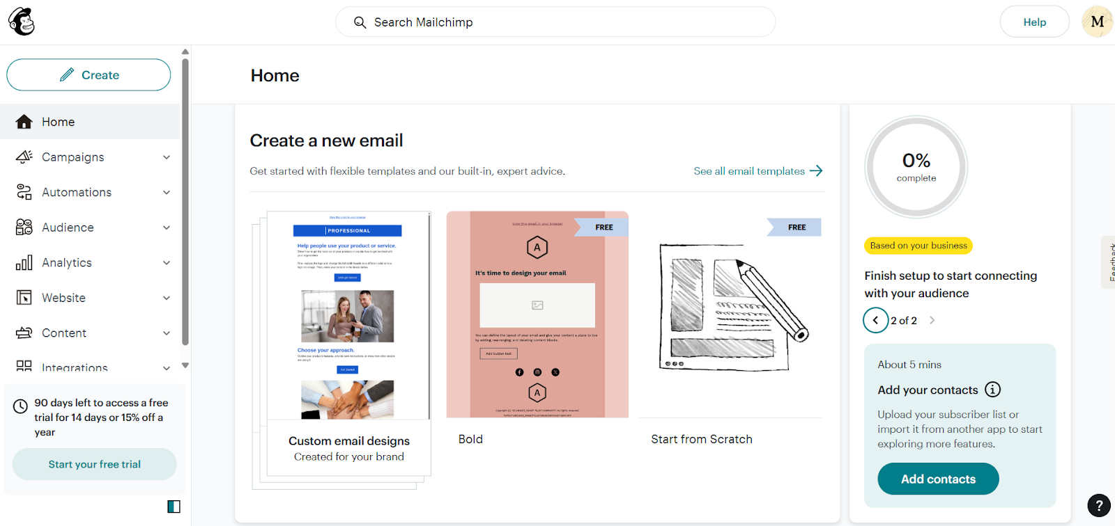 Mailchimp dashboard interface displaying organized navigation with clear access to Audiences, Campaigns, and Automations features