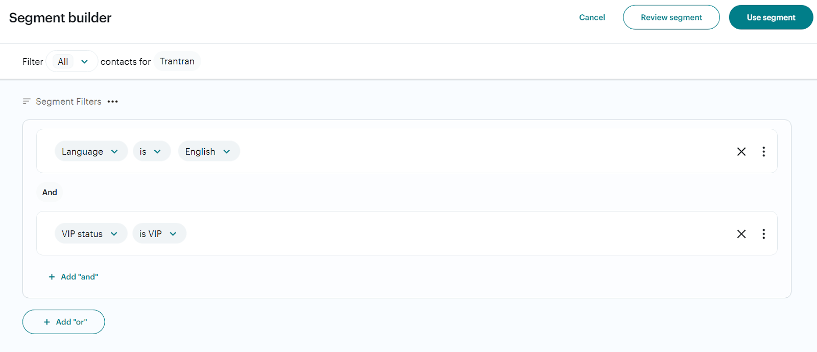 Mailchimp segmentation interface showing tagging capabilities and advanced filtering options
