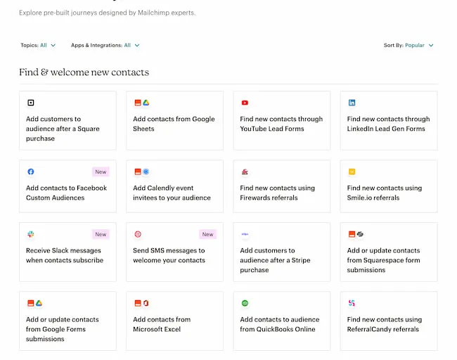 Mailchimp Customer Journey Builder interface showing automation templates and workflow creation tools