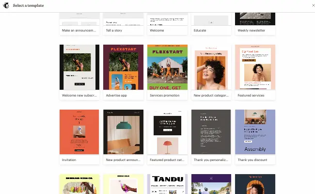 Mailchimp email builder interface showing drag-and-drop functionality with template selection and style editor