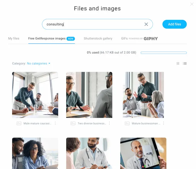 GetResponse Shutterstock and Giphy integration interface for adding images directly to email campaigns