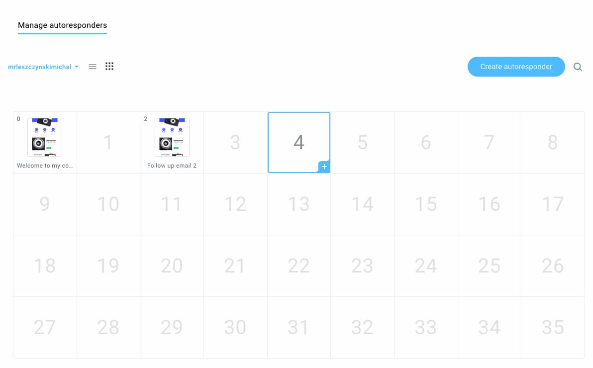 GetResponse Autoresponders calendar view showing drip campaign visualization and email sequence management
