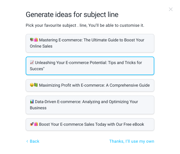 GetResponse AI email builder interface showing automated email creation with AI subject line generator and template options