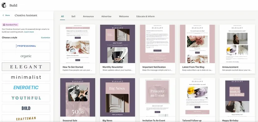 Mailchimp creative assistant interface showing brand-matching template creation from website styling