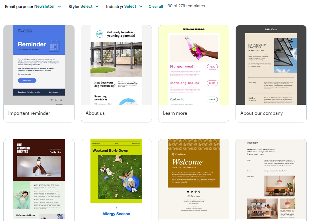 Mailchimp template gallery showing 250+ email templates with varying design quality and styles