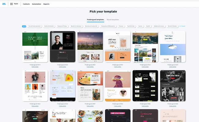 GetResponse Landing Page Creator showing AI builder interface with 200+ templates and automated website generation
