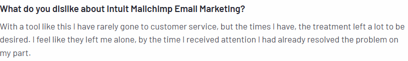 User review criticizing Mailchimp's support limitations and plan-based restrictions on assistance availability