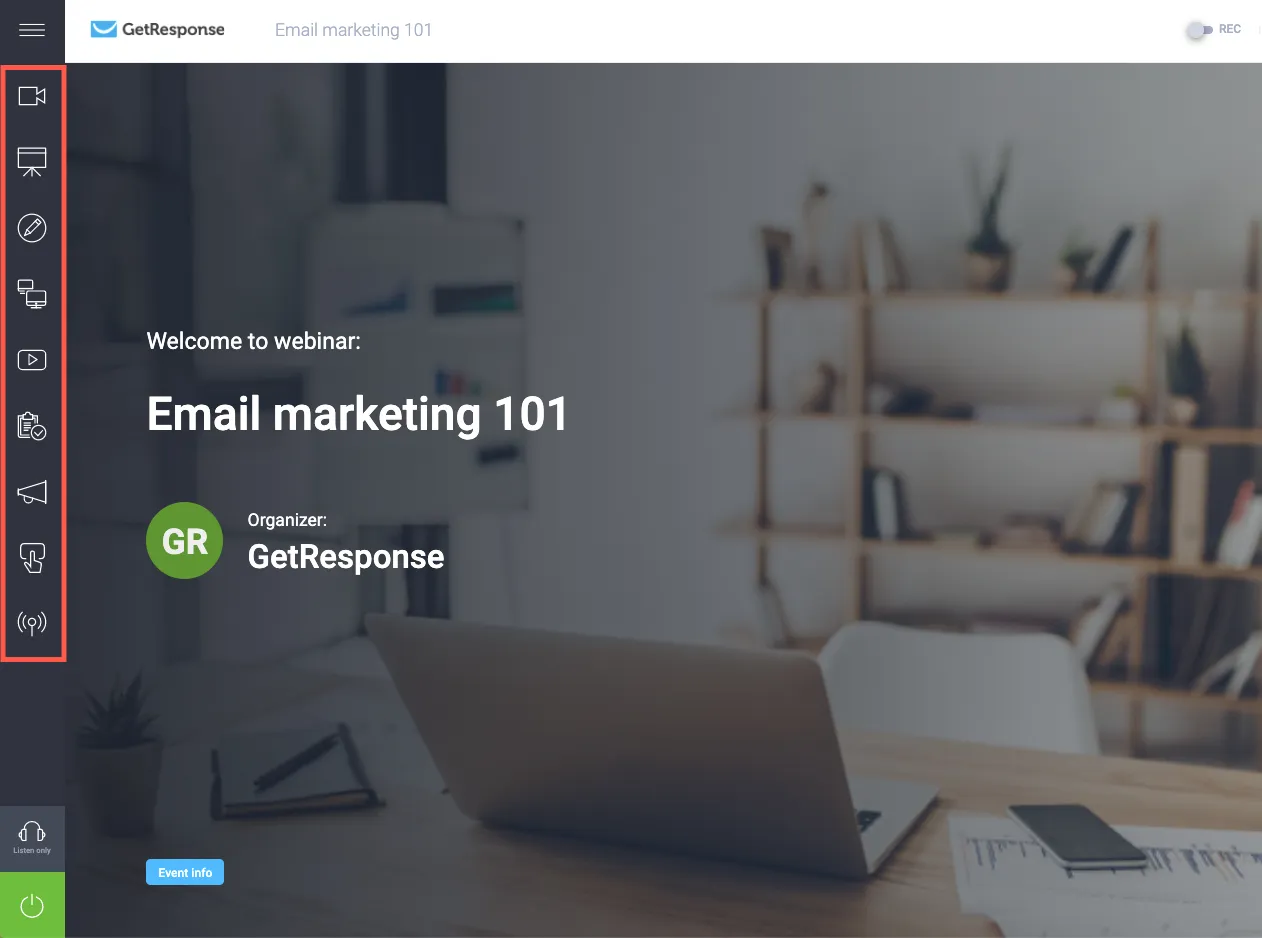 GetResponse webinar platform interface showing built-in hosting capabilities with screen sharing and interactive features