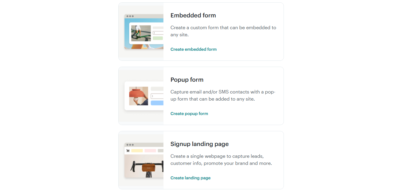 Mailchimp form types interface showing embedded forms, pop-ups, and hosted form options with basic customization