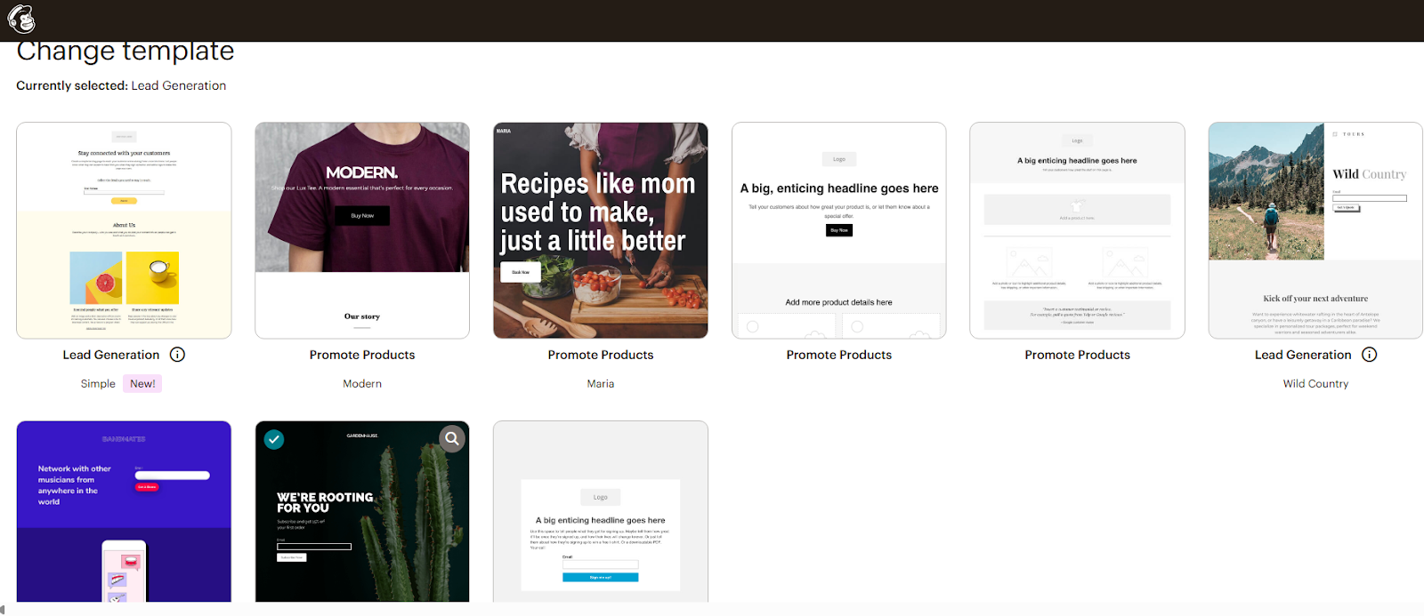 Mailchimp landing page builder showing limited template selection with basic drag-and-drop elements and design options