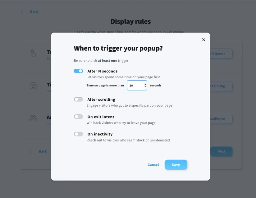 GetResponse popup targeting options showing advanced behavioral triggers and ecommerce-specific conditions