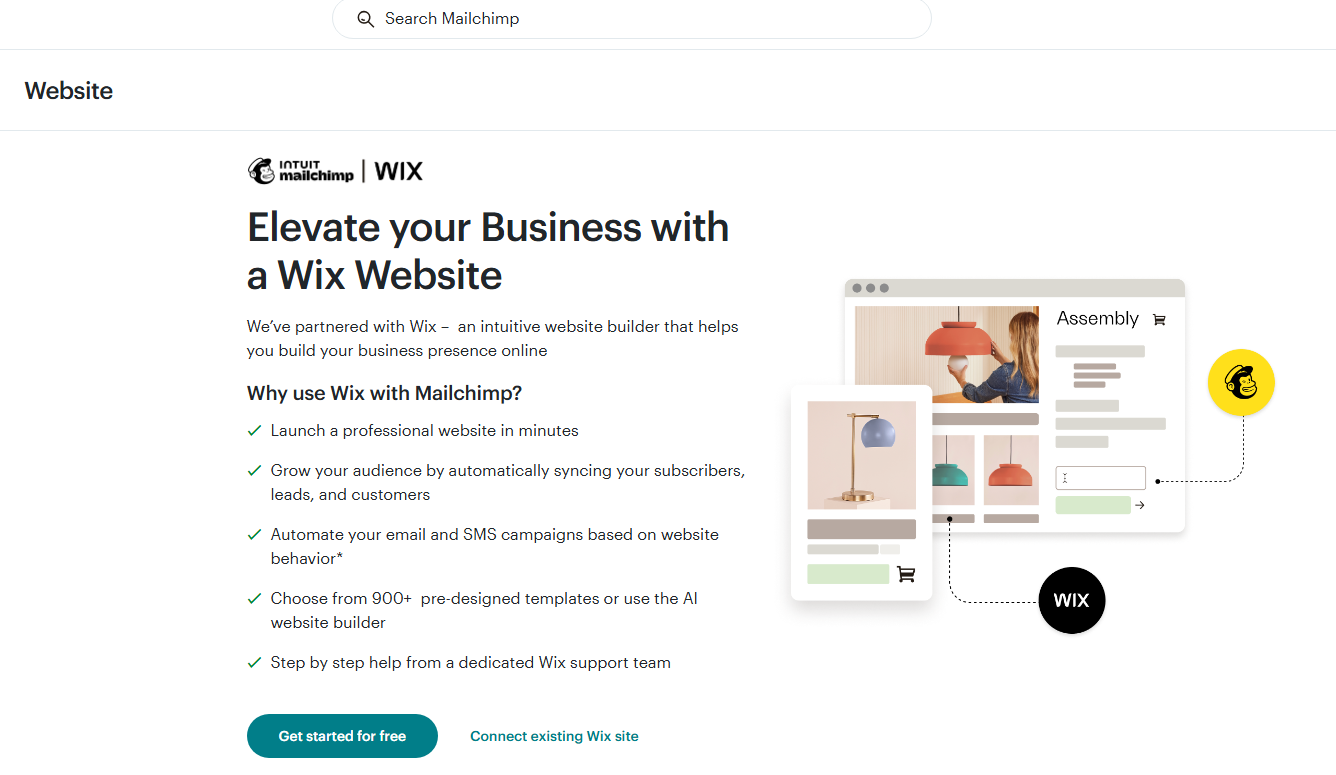 Mailchimp landing page limitations showing restricted template options and need for external website builders like Wix