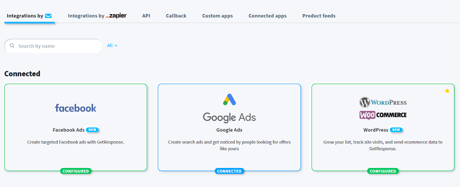 GetResponse integrations dashboard showing 170+ business tool connections including ecommerce, CRM, and advertising platforms