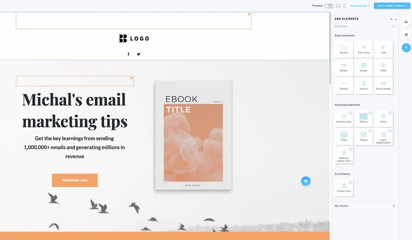 GetResponse landing page editor showing comprehensive element library with drag-and-drop functionality and customization options