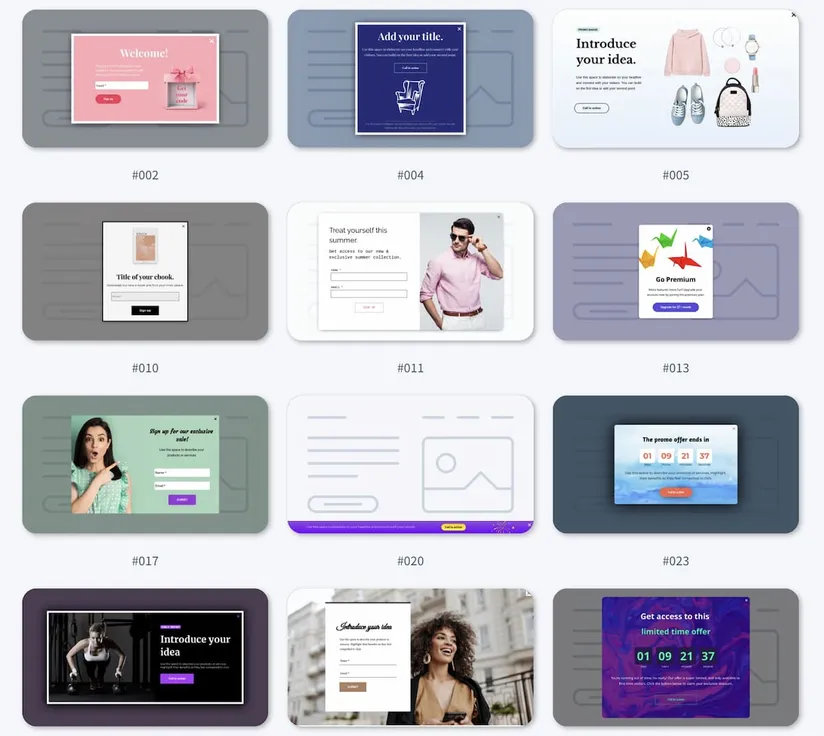 GetResponse form builder showing comprehensive building blocks including promo codes, countdown timers, and multimedia elements