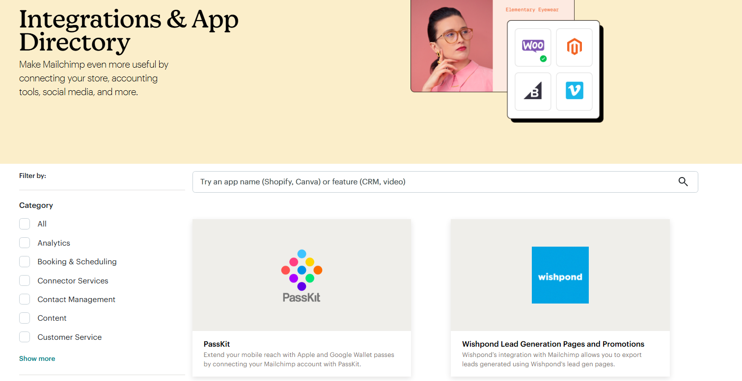 Mailchimp integrations directory showing extensive ecosystem with 800+ direct connections to third-party applications