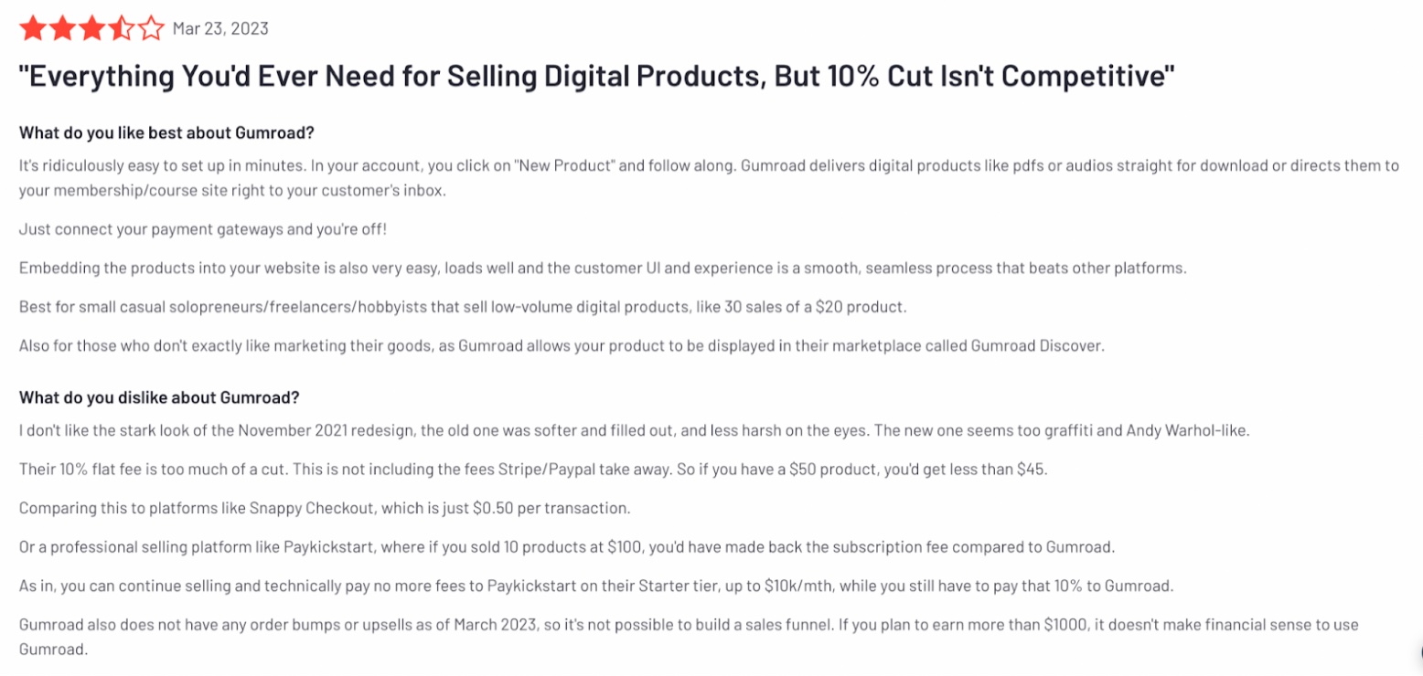 Zrzut ekranu z recenzją platformy Gumroad opublikowaną 23 marca 2023 – tytuł recenzji: ‘Everything You’d Ever Need for Selling Digital Products, But 10% Cut Isn’t Competitive’. Recenzent docenia łatwość użytkowania, prosty interfejs, integrację z newsletterami i system afiliacyjny. Krytykuje jednak 10% prowizji jako niekonkurencyjną. Ocena: 3,5 na 5 gwiazdek.
