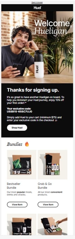 Huel welcome email example showing brand personality, product introduction, and clear next steps for new customers with engaging visuals and concise messaging