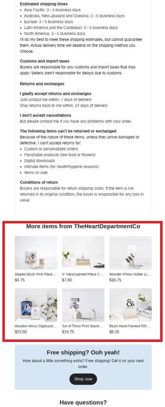 Continuation of Etsy transactional email displaying related product recommendations, seller information, and order summary with clear call-to-action buttons for additional purchases