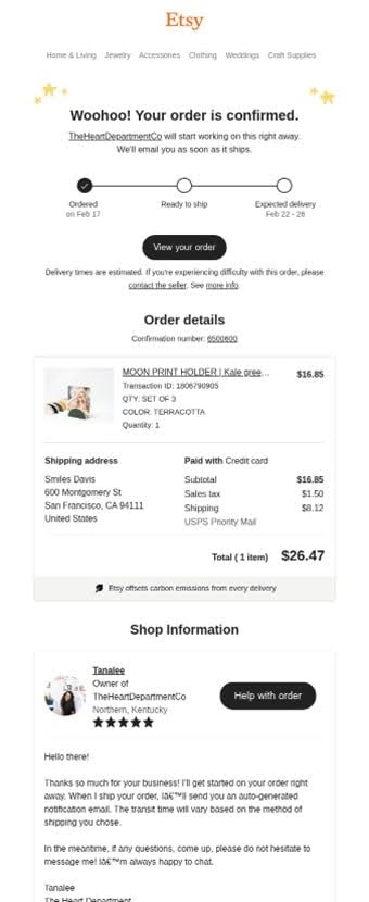 Etsy order confirmation email showing purchase details, shipping information, and product recommendations for cross-selling opportunities to enhance customer experience