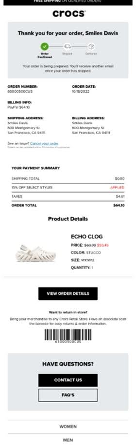 Crocs order confirmation email showing purchase details, shipping information, and order summary with clear branding and customer service contact options