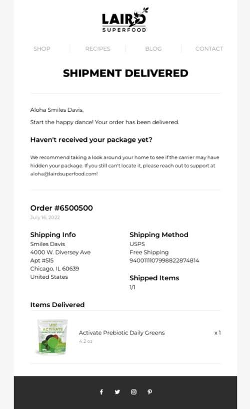 Laird Superfood delivery confirmation email showing shipping details, tracking information, and order summary with clear delivery status notification