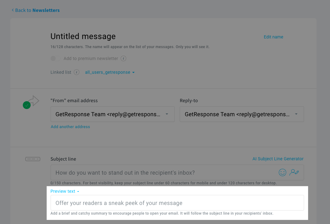 How to add a preheader in GetResponse Email Creator.