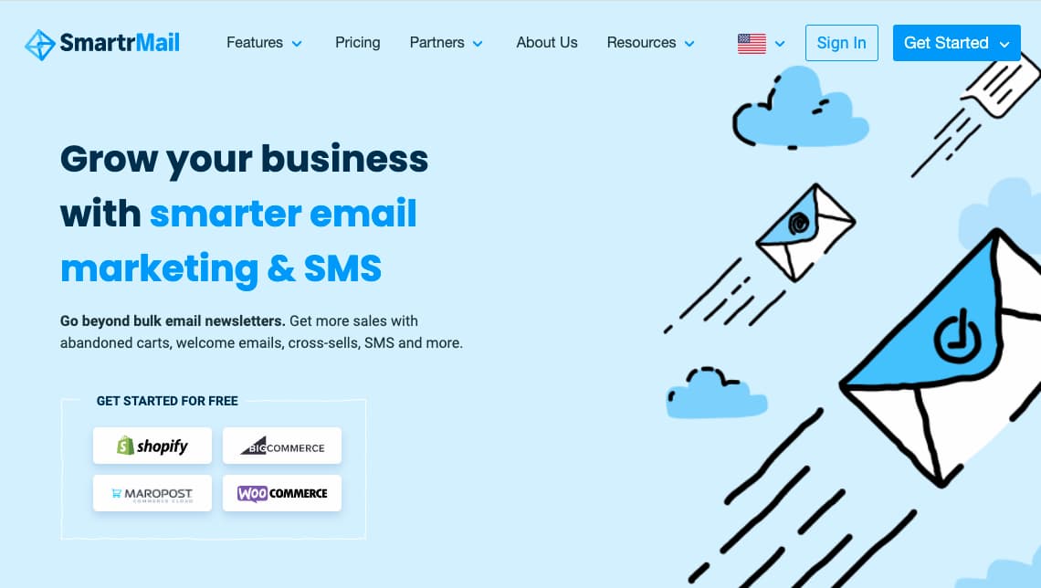SmartrMail email marketing platform interface showing ecommerce-focused features with pre-made automation templates and Shopify integration capabilities