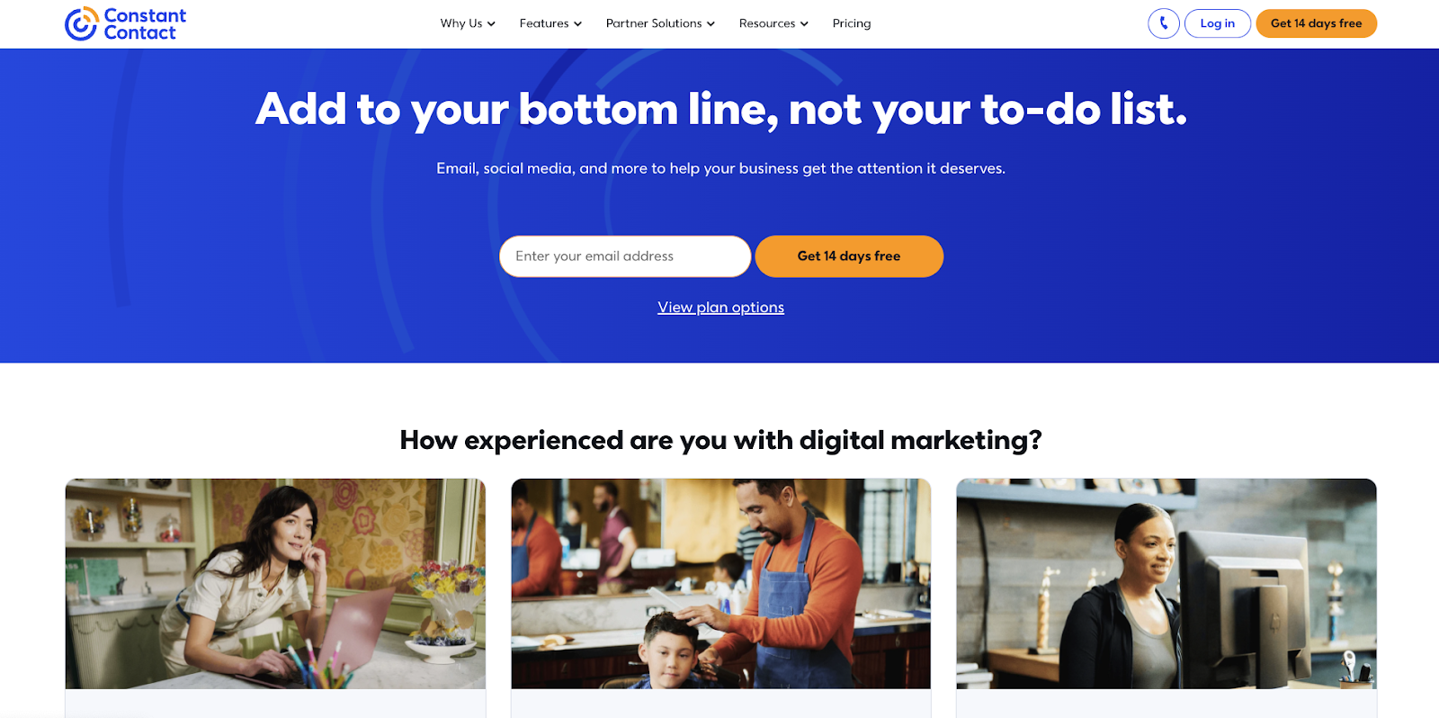 Constant Contact email marketing platform showing multi-channel capabilities including landing pages, social media posts, and automation workflows for ecommerce