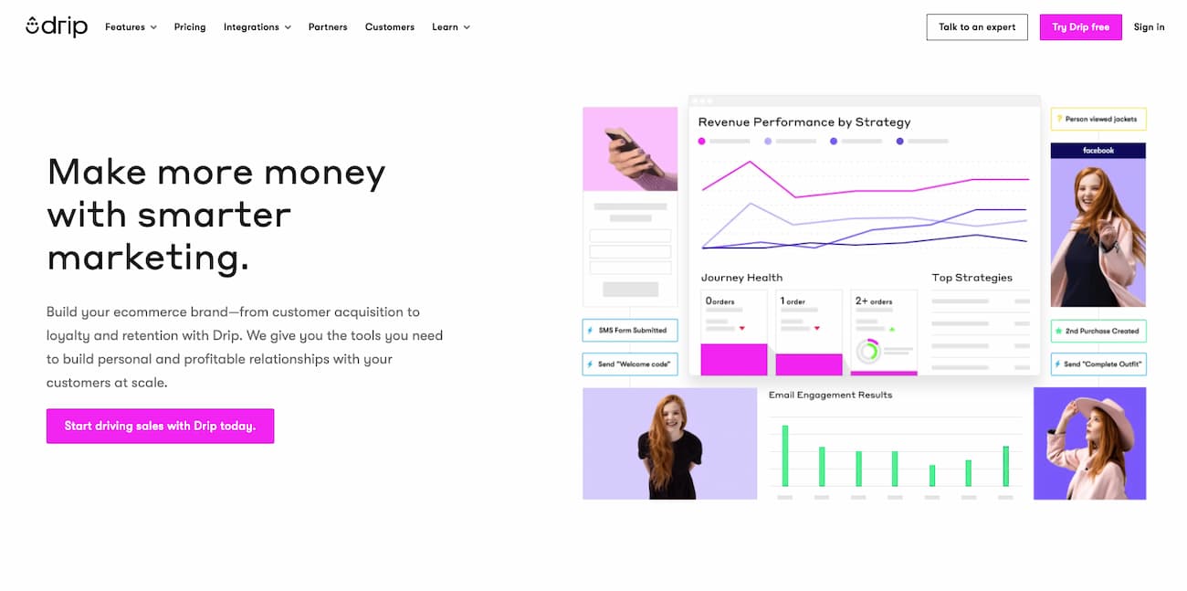 Drip email marketing platform showing unique email builder interface with ecommerce playbooks and revenue tracking for SMS and email campaigns