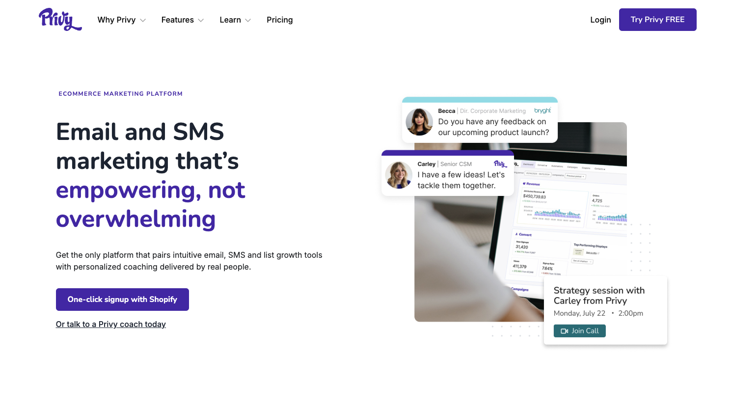Privy email marketing platform showing advanced popup builder, email campaigns, and SMS marketing features designed specifically for ecommerce store growth