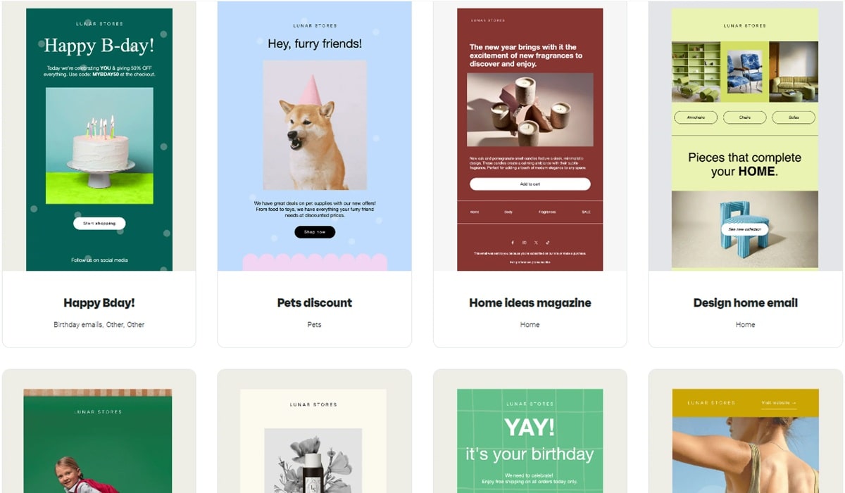 Omnisend email template gallery displaying ecommerce-focused designs for Shopify stores including promotional campaigns, product announcements, and seasonal marketing