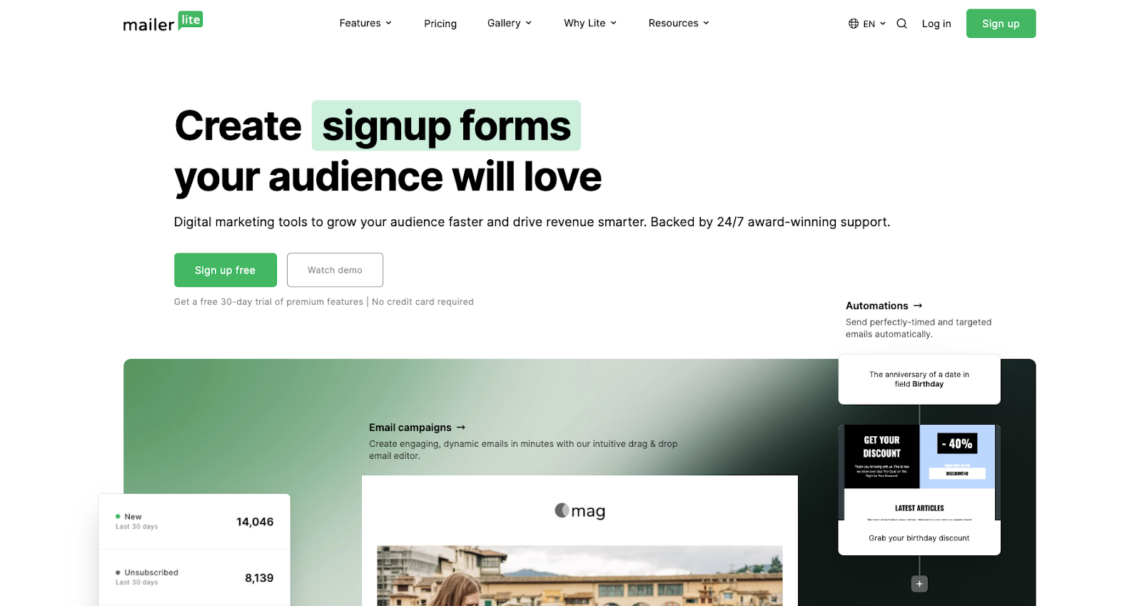 MailerLite email marketing platform interface showing automation builder, ecommerce features, and landing page creator for Shopify store integration