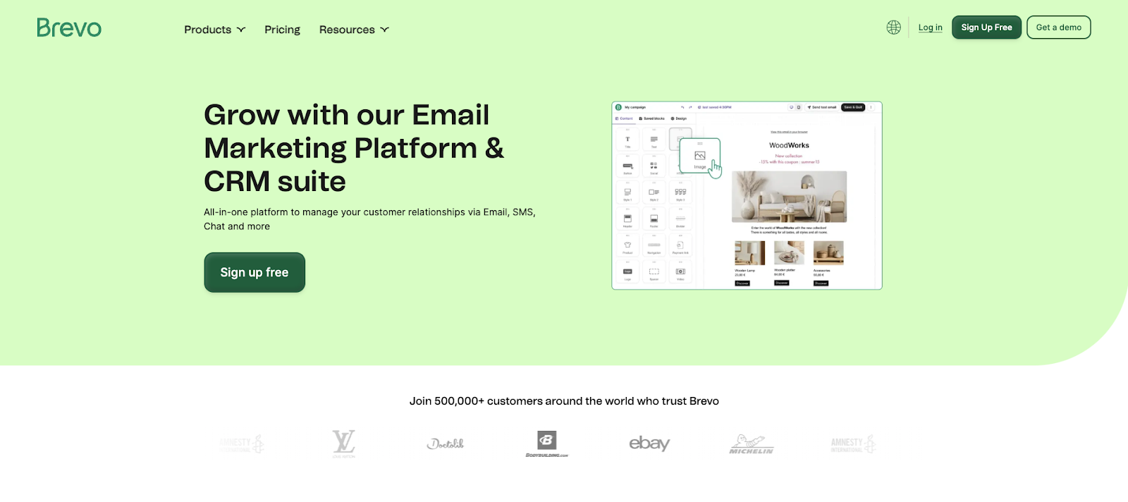 Brevo marketing automation platform interface showing multi-channel capabilities including email, SMS, WhatsApp, and paid ads for comprehensive ecommerce marketing