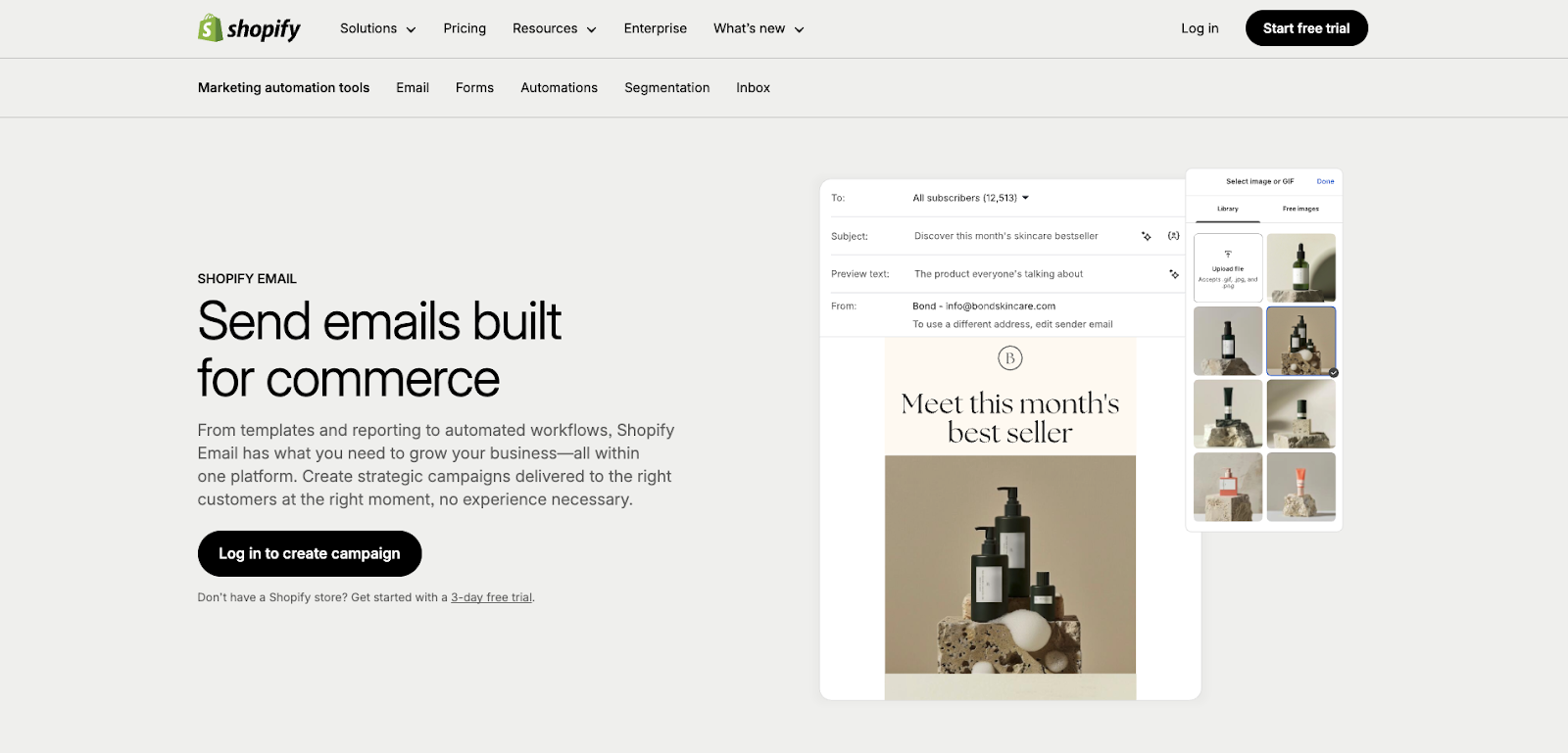 Shopify Email official app interface showing built-in email marketing features with template branding editor and basic automation workflows for Shopify stores