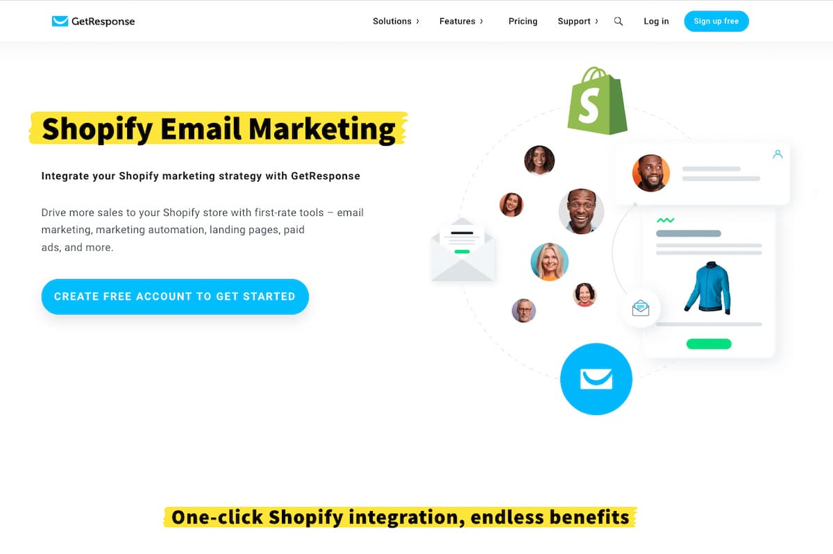GetResponse email marketing platform dashboard showing comprehensive ecommerce features including automation workflows, email templates, and Shopify integration capabilities