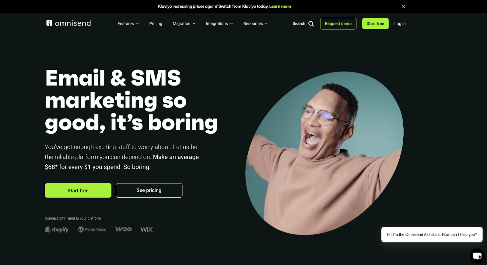 Omnisend multi-channel marketing platform showing email, SMS, and web push notification capabilities for ecommerce automation and customer engagement