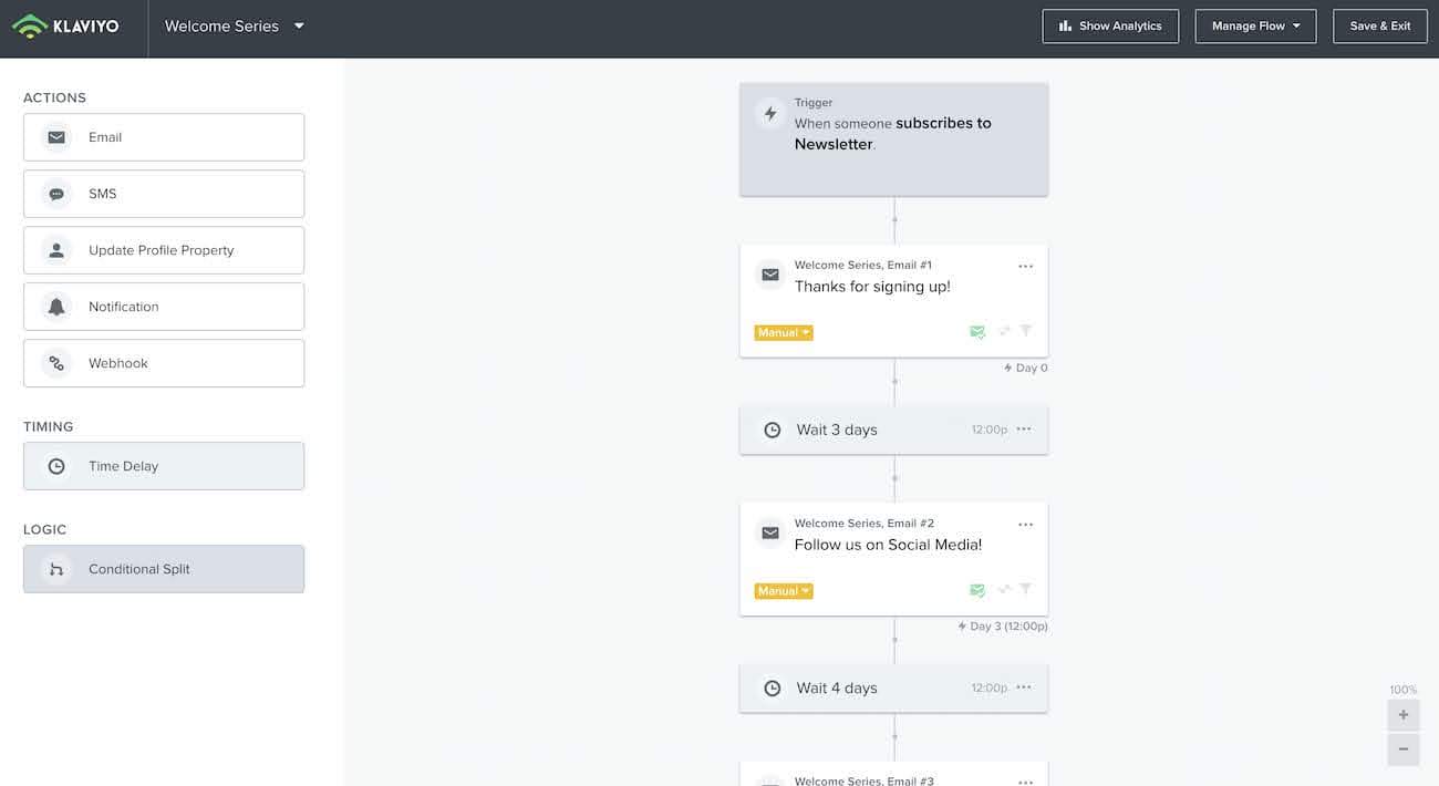 Klaviyo automation editor interface displaying visual workflow builder for creating email sequences, cart abandonment campaigns, and customer journey automation