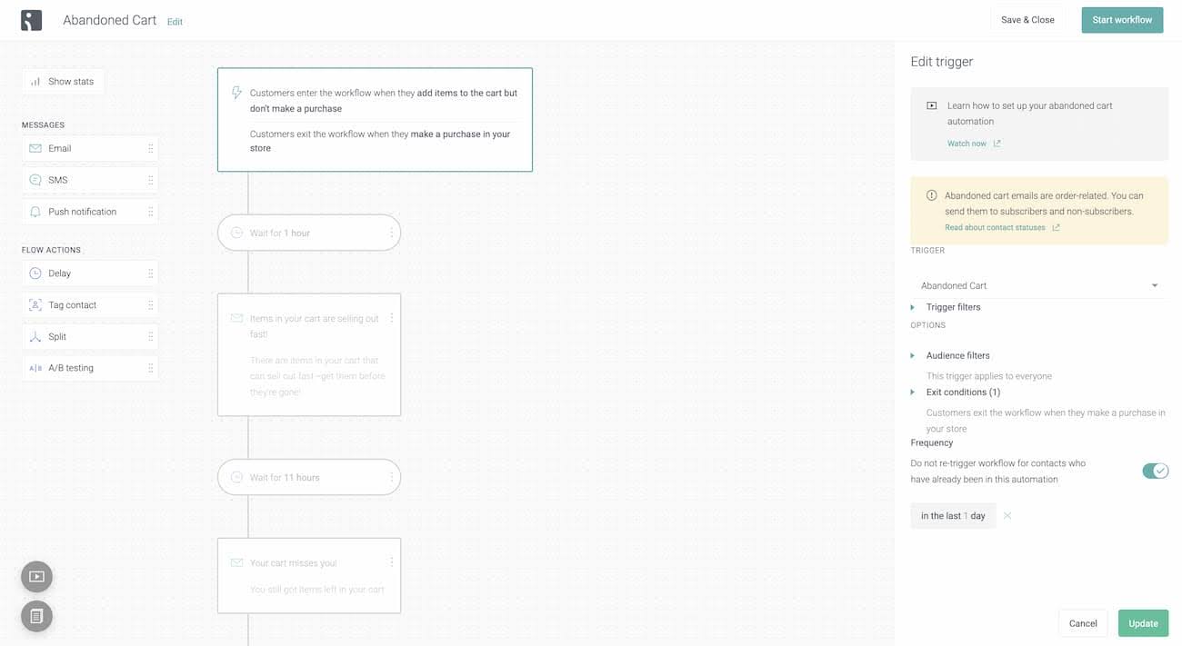 Omnisend automation builder interface featuring visual workflow creation for ecommerce email sequences, cart abandonment, and customer lifecycle campaigns