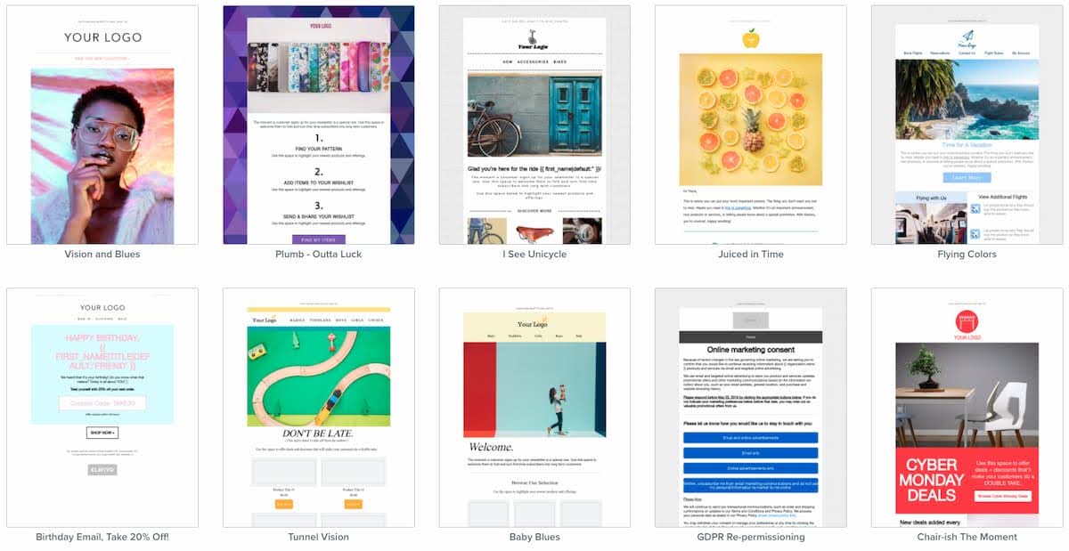 Klaviyo email template library showing professional ecommerce designs with customization options for Shopify store marketing campaigns and customer communications