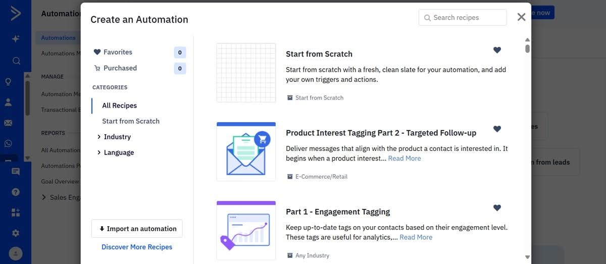 ActiveCampaign automation builder displaying visual workflow editor for creating complex email sequences, customer journeys, and ecommerce marketing campaigns