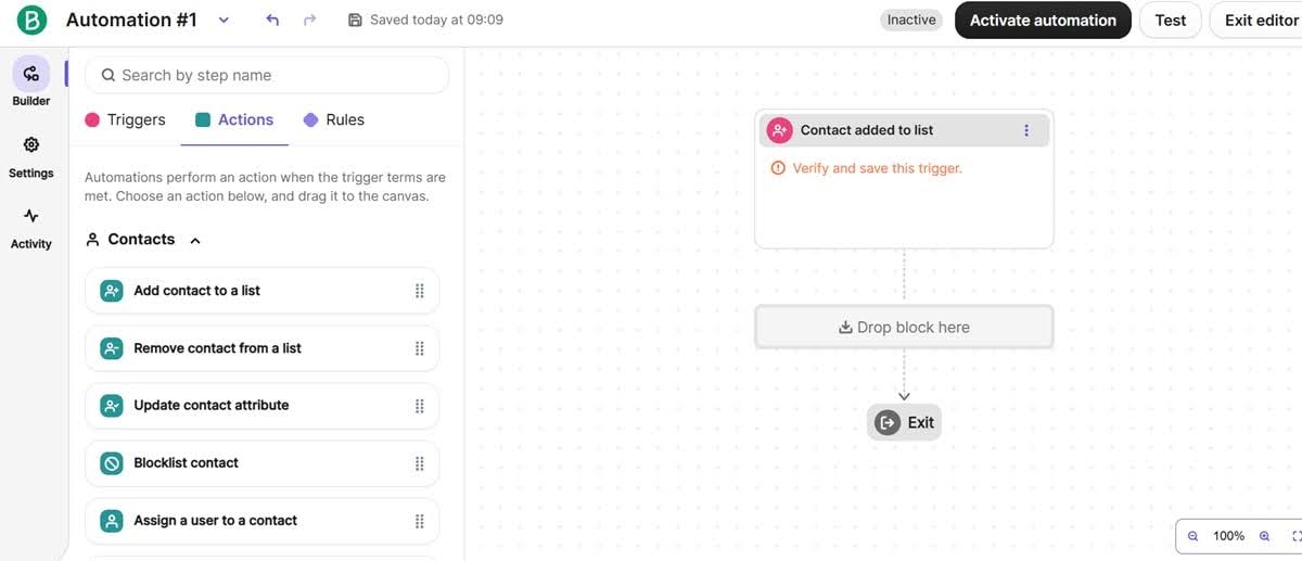 Brevo automation workflow builder showing visual interface for creating email sequences, customer journeys, and marketing campaigns with conditional logic