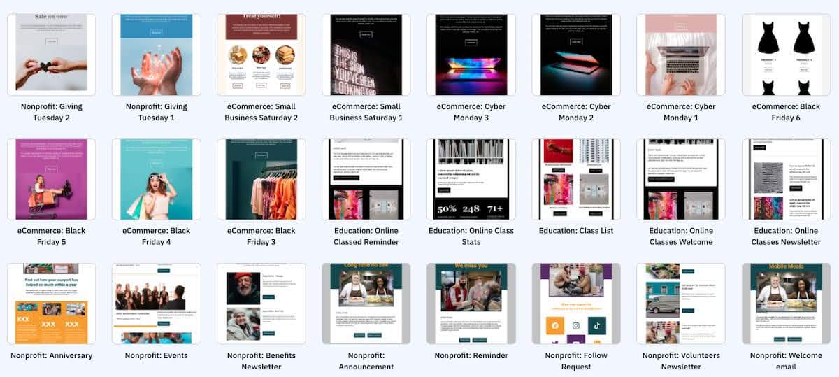 ActiveCampaign email template library showing professional designs for ecommerce marketing campaigns with customization options for Shopify store branding