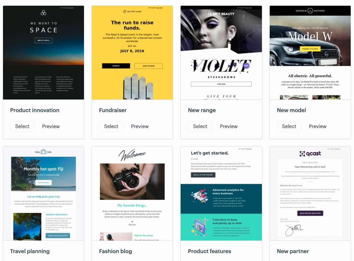 Campaign Monitor email template gallery displaying professional designs for ecommerce marketing campaigns with modern layouts and customization options