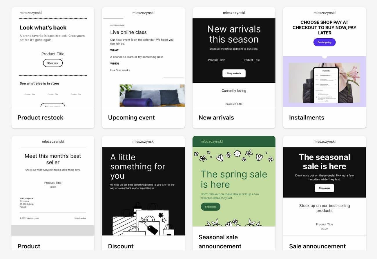 Shopify Email template collection showing basic email designs for ecommerce marketing campaigns with simple customization options and branding consistency