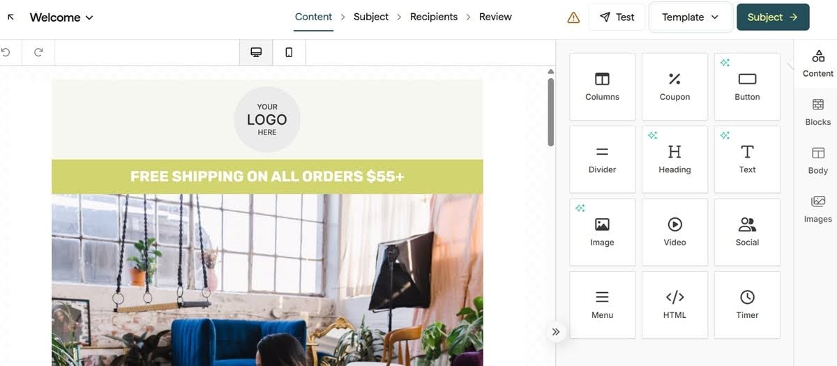 Privy email editor interface showing drag-and-drop functionality with content blocks and mobile optimization options for creating ecommerce marketing campaigns